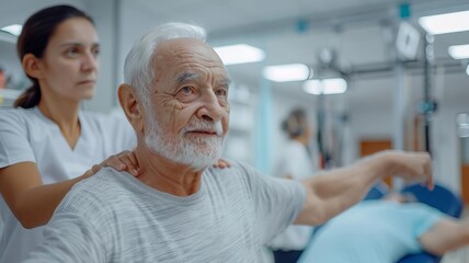 Elderly man engaging in light exercise with a physical therapist, guided movements, modern rehabilitation facility, focused and determined, isolated on white background, copy space