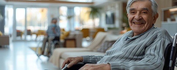 Elderly man in a wheelchair smiling in a modern assisted living facility, friendly caregiver assisting, bright and airy environment, isolated on white background, copy space