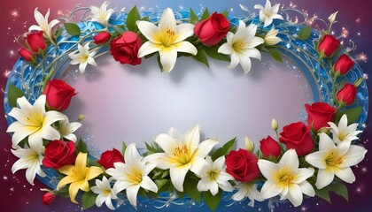 A vibrant array of flowers, such as roses, lilies, and daisies, intertwined with delicate green vines, forming an elegant oval frame with a blank white center for text.