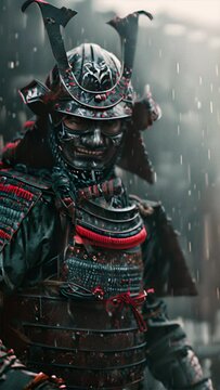 a samurai wearing an oni mask and futuristic samurai armour Tron style holding his katana whilst in a dynamic battle pose.generative ai
