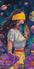Cosmic Serenade: Woman Singing Amidst the Stars