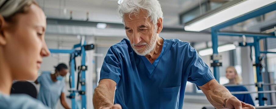 Senior man showing progress in rehabilitation with therapist's support, using parallel bars, determined and focused, modern rehab facility, isolated on white background, copy space