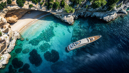 A luxury yacht anchored in a secluded turquoise bay surrounded by lush green cliffs and trees