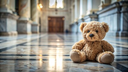 A small, worn teddy bear lies forgotten on the polished marble floor of a grand cathedral, its fur dusty and its eyes dull, symbolizing the innocence lost to abuse, child abuse, church