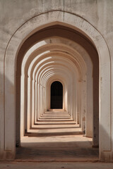 A plain door framed by a series of minimalist arches, each arch slightly larger than the one before, creating a sense of depth and perspective. The background remains solid and neutral