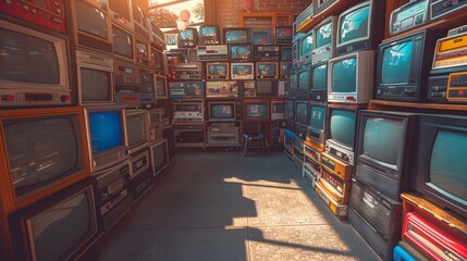 lots of retro TVs in the room