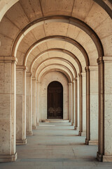 Fototapeta premium A plain door framed by a series of minimalist arches, each arch slightly larger than the one before, creating a sense of depth and perspective. The background remains solid and neutral