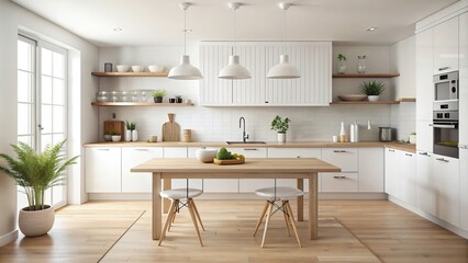 A clean and minimalist white kitchen with a wooden table top provides a perfect backdrop for showcasing various products, white kitchen, wooden table, minimalist, modern, clean, empty table