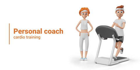 Personal trainer. Woman in sportswear stands next to treadmill on which man runs