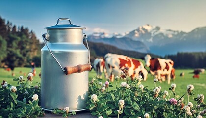 Obraz premium retro can for milk with cows eating clover on the background