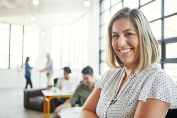 Business office, happy woman and portrait with planning, creative or journalist with ideas....