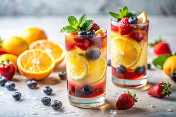 A vibrant, refreshing summer cocktail with layers of lemon, blueberry, strawberry, peach and yuzu orange fruit drink mix topped with sparkling soda, isolated on a white background