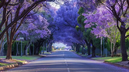 Fototapeta premium Empty street covered by blooming purple jacaranda trees : Generative AI
