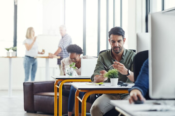 Creative agency, business people and working in office for career, planning and news deadline. Workspace, colleagues or coworkers as content writer, journalist or editor as profession for publication