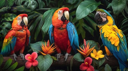 Obraz premium Colorful Macaws Perched Among Tropical Foliage and Exotic Flowers