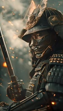 a samurai wearing an oni mask and futuristic samurai armour Tron style holding his katana whilst in a dynamic battle pose.generative ai