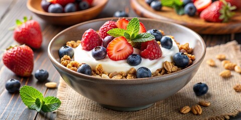 A bowl of homemade granola topped with creamy yogurt and fresh berries, ready to be enjoyed for a healthy and delicious breakfast, homemade granola, granola, yogurt, breakfast