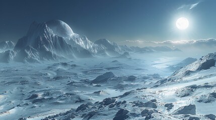 A vast, icy landscape with snow-covered plains, jagged glaciers, and a pale winter sun.