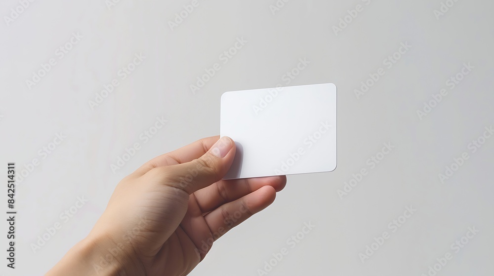 Poster hand holding blank white credit card mockup with rounded corners plain creditcard mock up template w