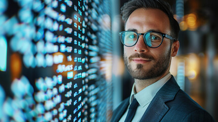 Portrait of a handsome businessman in a suit and glasses standing against a digital data background
