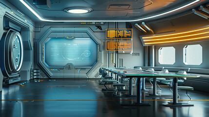 Fototapeta premium I imagine an image of an empty interior featuring elements of an airplane, station, and train, combining aspects of travel and architecture