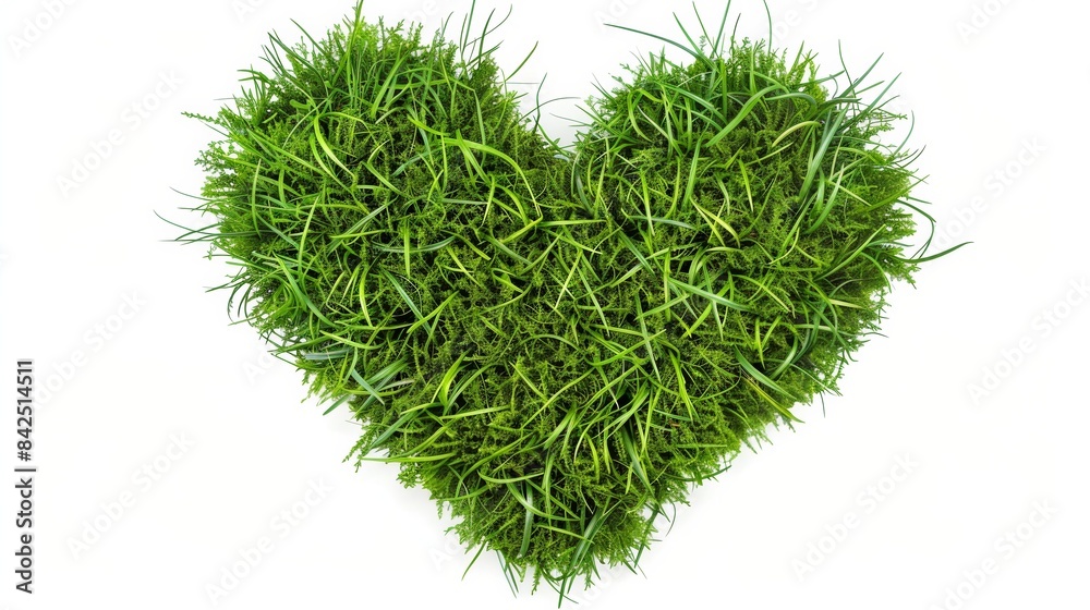 Wall mural Heart-shaped green grass on white background. Perfect for eco-friendly themes or nature-themed projects. This simple yet captivating image captures 