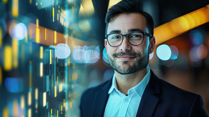 Portrait of a handsome businessman in a suit and glasses standing against a digital data background