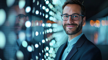 Portrait of a handsome businessman in a suit and glasses standing against a digital data background