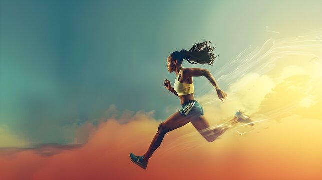 woman running against blue sky