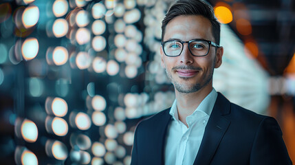 Portrait of a handsome businessman in a suit and glasses standing against a digital data background