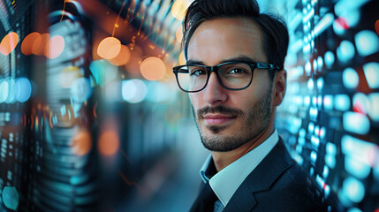 Portrait of a handsome businessman in a suit and glasses standing against a digital data background