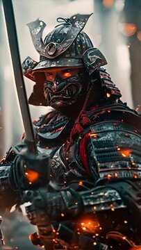 a samurai wearing an oni mask and futuristic samurai armour Tron style holding his katana whilst in a dynamic battle pose.generative ai