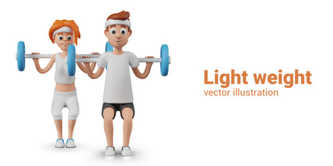 Male and female character are squatting with barbell on their shoulders