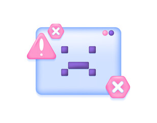 program, website, software, or system error. notification if an error occurs on the server. illustration of a window with a sad image, a cross, and a warning sign. symbol or icon.  3d concept