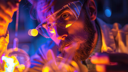 A person wearing a mask, holding a cigarette, surrounded by a scientific laboratory setting The person is immersed in research and technology