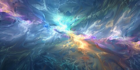 Fototapeta premium A beautiful and imaginative scene unfolds with vibrant neon clouds swirling in a cosmic setting, blending shades of blues, purples, and golden tones, creating a mesmerizing and enchanting ambiance