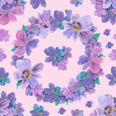 Seamless pattern of watercolor flowers floral lilac wreath. Botanical hand painted floral elements. Hand drawn illustration. On pink background. For fabric, wrapping paper, wallpaper, decor gift card