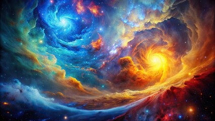 A swirling, celestial canvas of vibrant blue, yellow, purple, and red nebulae, creating a dynamic and ethereal landscape across the infinite expanse of space, abstract, nebula, cosmic, wave