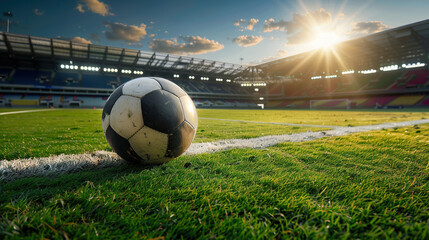 Naklejka premium I imagine an image of a soccer ball on a stadium field under the sky, surrounded by green grass, representing the excitement of the game