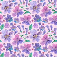 Seamless pattern of hand drawn watercolor flowers floral lilac plants, leaves. Herb flower. Drawing summer Botanical greenery illustration on pink background. For fabric, wallpaper, wrapping decor