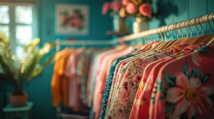 A rack of clothes with a floral pattern hanging on it. The clothes are pink and white. The room is blue and has a plant in it - Powered by Adobe