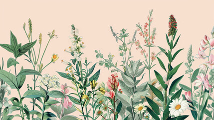Background with grass and flowers with floral pattern, leaves, and nature elements, seamless illustration of plants, decorated with branches, blossoms, and vintage textures, 16:9
