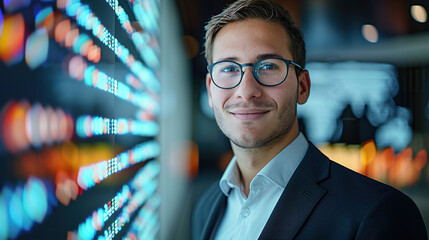 Portrait of a handsome businessman in a suit and glasses standing against a digital data background