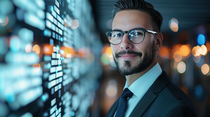 Portrait of a handsome businessman in a suit and glasses standing against a digital data background