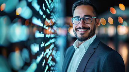Portrait of a handsome businessman in a suit and glasses standing against a digital data background