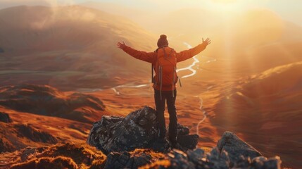 Obraz premium Hiker at Sunrise on Mountain Peak, Arms Outstretched, Embracing Adventure