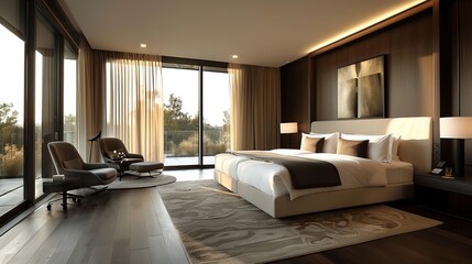 A large bedroom with a white bed and a black chair. The room has a modern design and is filled with natural light
