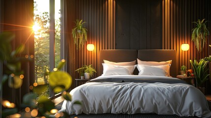 A bedroom with a large bed and a window with a view of trees. The room is decorated with plants and has a warm, inviting atmosphere