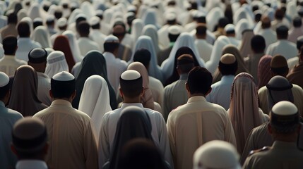 Obraz premium Eid al-Adha Unity: Muslims in Prayerful Harmony (Islam, Celebration)