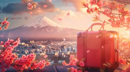 Travel Luggage with Scenic Mount Fuji Japan Background in Spring